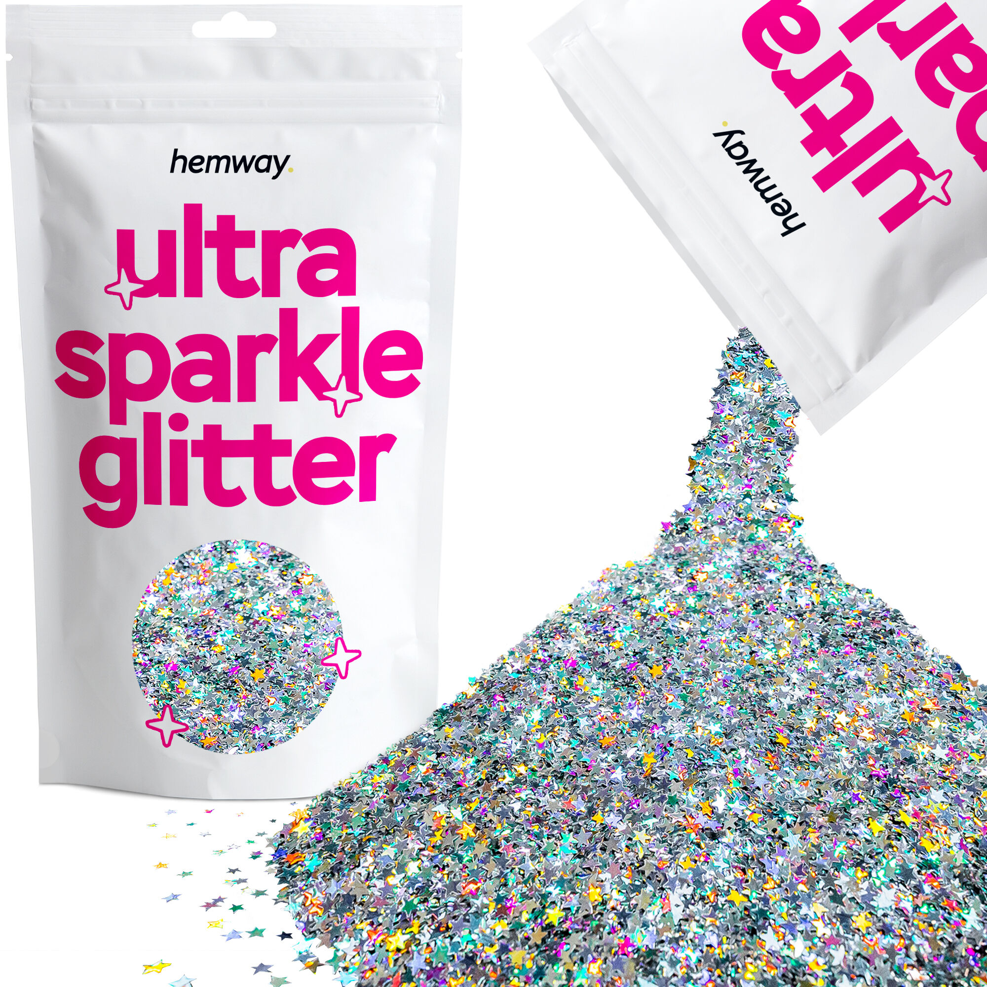 Hemway Shaped Ultra Sparkle Glitter   Stars   Cosmetic, Festival, Crafts - Silver Holographic - Shaped 100g