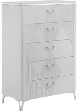 Benjara Ivana Tall Dresser Chest with 5 Drawers, Geometric Front, White Wood