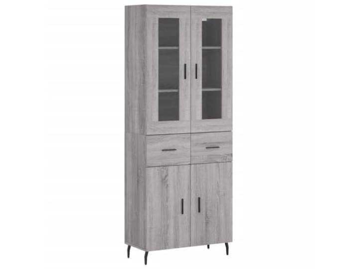 Kaorsrow Highboard Grau Sonoma 69,5x34x180 cm Holzwerkstoff 2-teilig Eleganter Viertürer mit Glas-Elementen und Metallfüßen für viel Stauraum im Wohnzimmer oder Essbereich.