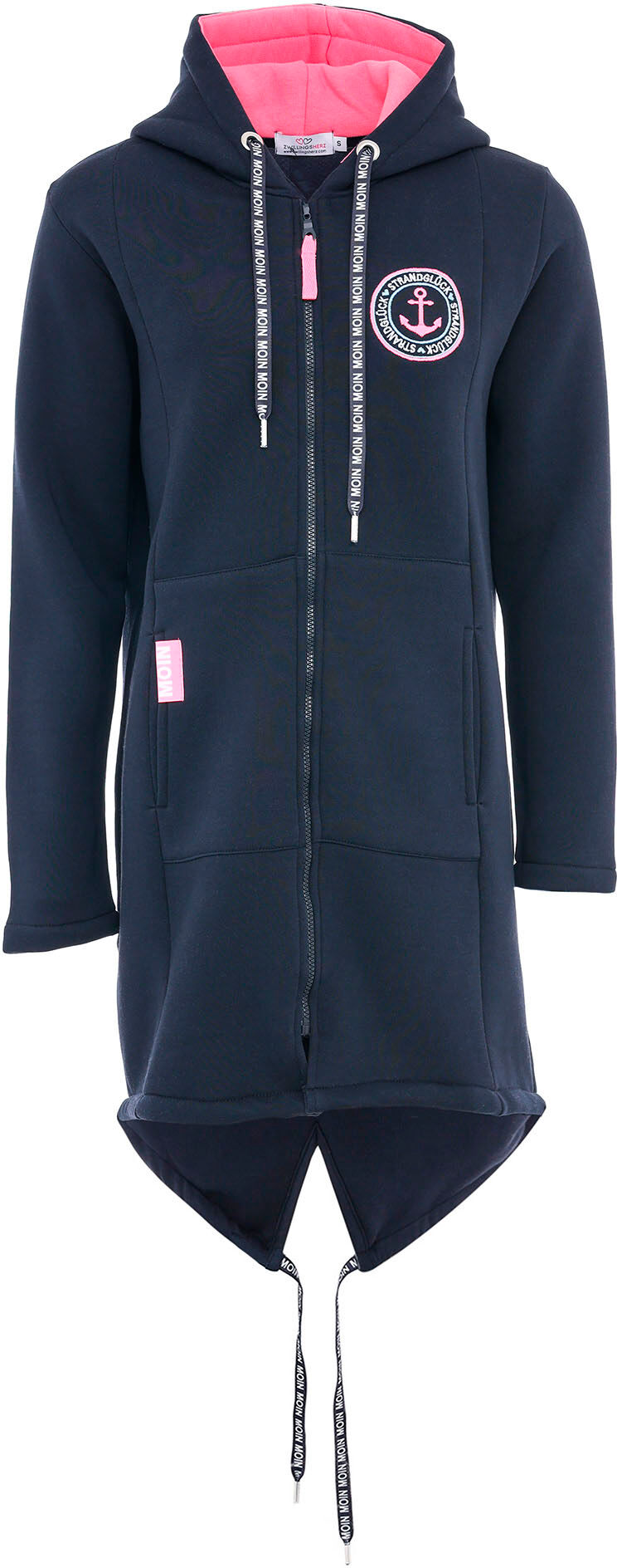 Jerseymantel ZWILLINGSHERZ "Küste Meer Moin", Damen, Gr. S, blau (marine), Sweatware, Obermaterial: 50% Baumwolle, 50% Polyester, lässig geschnitten knielang, V-Ausschnitt, Mäntel Jerseymantel, mit Kapuze, Taschen, Front und Backmotiv Küste Meer Moin mari