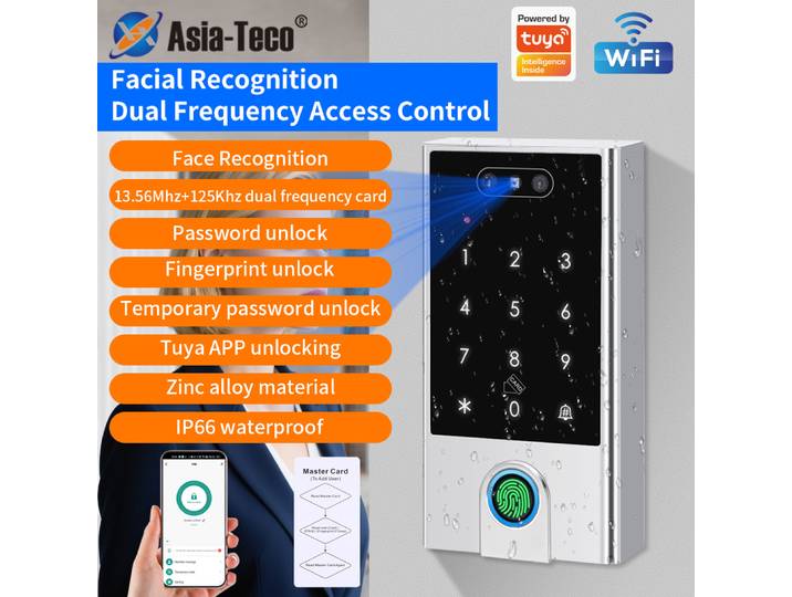 Machine de contrôle d'accès par reconnaissance faciale WiFi, 13,5 MHz/125 kHz, ceinture métallique, étanche, système de contrôle par empreinte digitale, compatible avec l'application Tuya