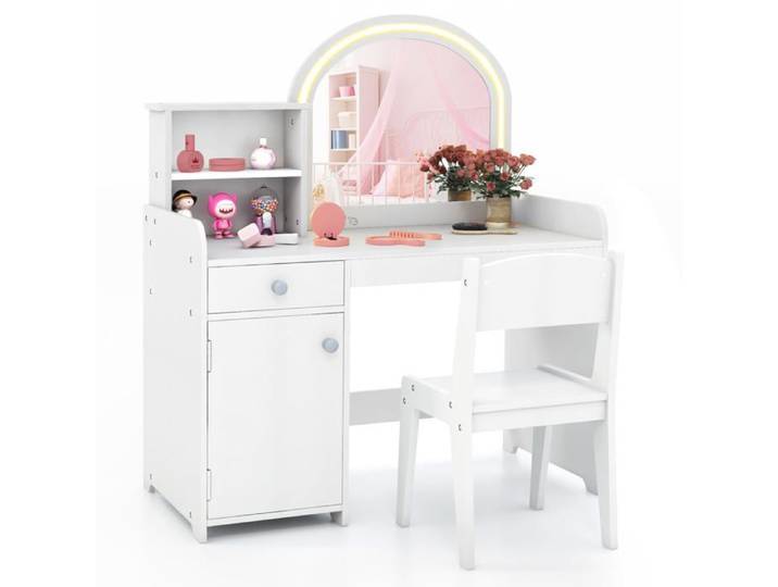 2 en 1 Bureau Fille avec Chaise & 120 Lumières LED Coiffeuse s Fille avec Miroir Acrylique 2 Etagères & BUREAU