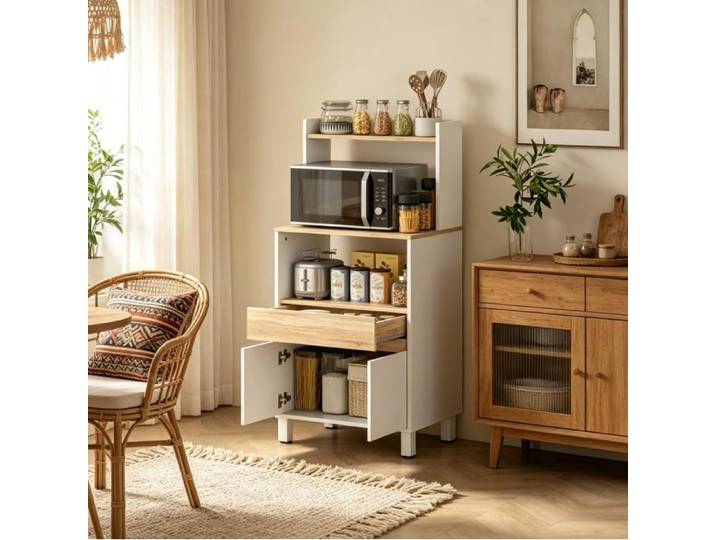 Standregal Mikrowelle 60 cm - Meuble colonne cuisine moderne blanc avec tiroir et étagères