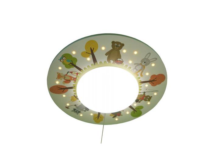 Niermann Kinderdeckenleuchte Waldtiere, Mehrfarbig, Holz, Kunststoff, rund, 11 cm, Sternenhimmel, Zugschalter, Lampen & Leuchten, Innenbeleuchtung, Kinderzimmerlampen, Kinderdeckenleuchten