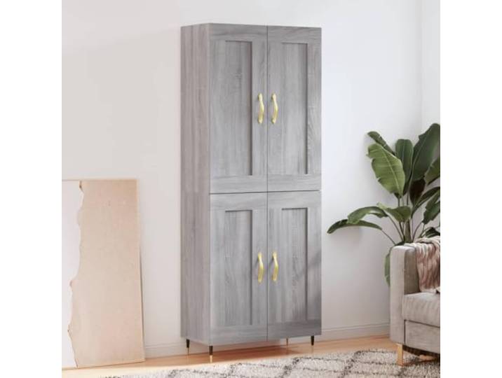 Highboard Betongrau modernes Design mit eleganten Metallfüßen und langlebigem Holzwerkstoff für sichere Wandmontage – Stauraum Schrank für Wohnzimmer mit Sicherheitshinweis