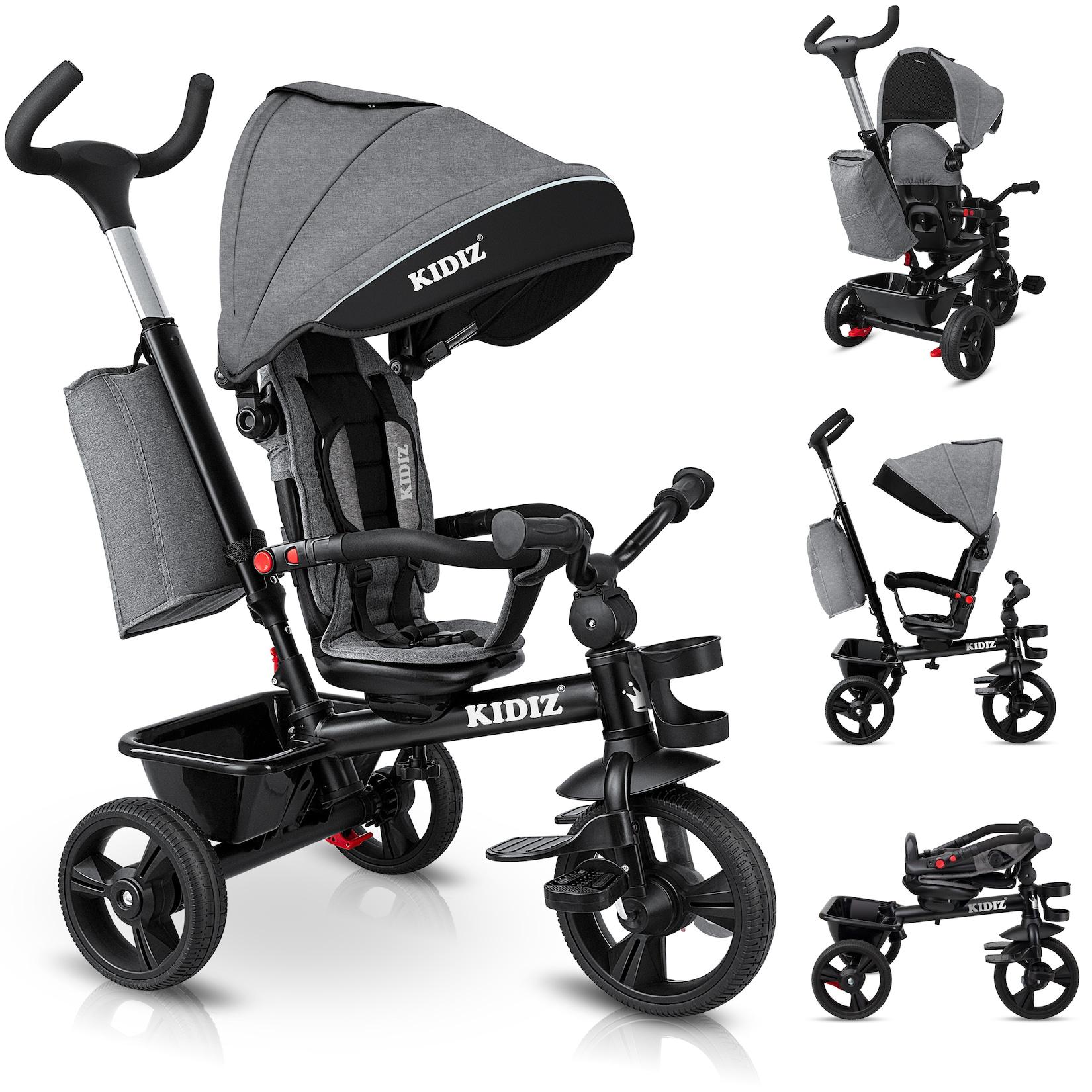 KIDIZ® Dreirad 5in1 Kinderdreirad mit Schubstange Lenksystem Stange ab 1 Jahr vorwärts und Rückwärtsfahrt Jogger , Korb Tasche Getränkehalter Sonnendach Gummiräder, Buggy Fahrrad Baby Klappbar