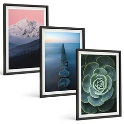 BILDER SET 3er Set - 40x60 cm Schwarzer Rahmen - Berge, rosa Himmel, Wasser, Sukkulente