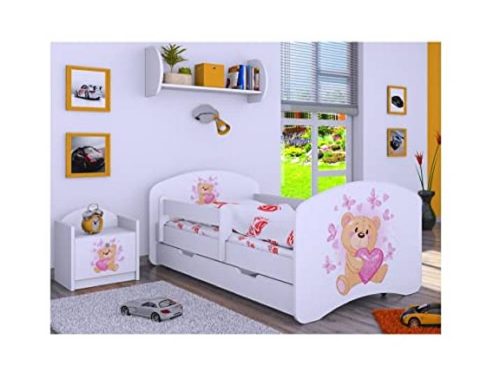 BDW Kinderbett mit Matratze und Bettkasten - NEU, 140/160/180/190 Verschiedene Motive Für Junge Weiß (Verliebter Bär, 190x90)