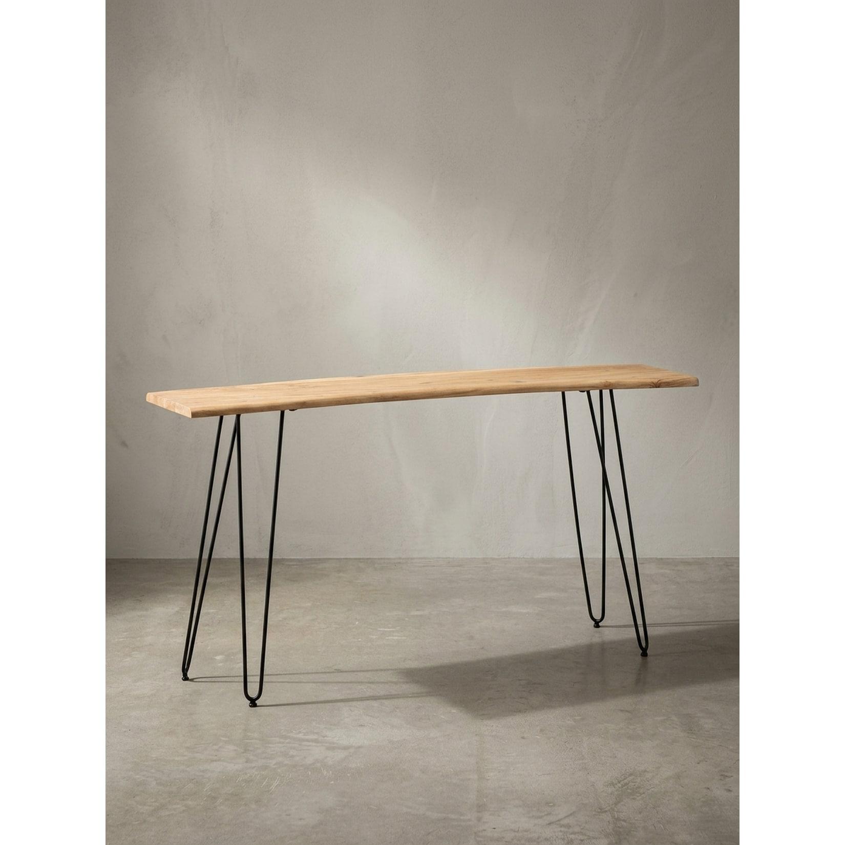 Schreibtisch – Massivholz/Metall, 150x36x75 cm, Baumkante, Haarnadelbeine