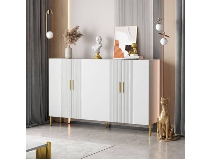 FammyLoft Sideboard Schlafzimmer mit 4 Türen, Kitchen Cabinet mit Golddekoration, Moderner Einfacher Weißer Matter Metallschrank, Esszimmerschrank Golddekoration, Weiß