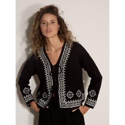Cardigan APRICOT "Strickjacke mit Stickerei", Damen, Gr. S, schwarz-weiß (schwarz), Strick, , Modisch, normal, Gerippte Bündchen, Strickjacken, mit Bindeband vorne