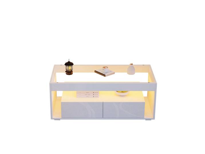 Redom Couchtisch, Hochglanz Weiß mit 2 Schubladen, LED-App-gesteuert, gehärtetes Glas, 100/50/40 cm,Weiß, 50x40x100 cm, Wohnzimmer, Wohnzimmertische, Couchtische