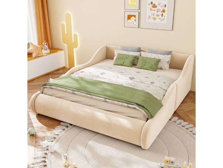 Lit enfant rembourré - ZEVKOR - 140×200 - Velours beige - Dossier haut - Côtés surélevés