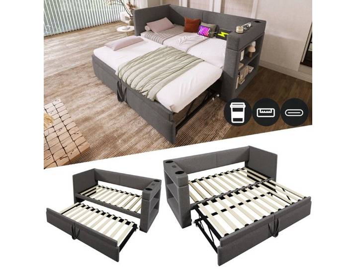 Lit de jour rembourré - Modèle 90x200 - Lit gigogne - Accoudoirs réversibles - Ports USB & Type‑C