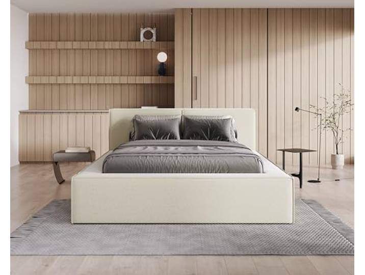 Chilly. Möbel Design Bett Lugano - Polsterbett 160x200 mit Bettkasten, Lattenrost und Kopfteil - Eleganter Bouclé-Stoffbezug Beige
