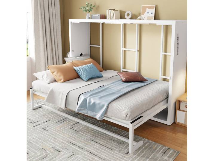 MODFU Funktionsbett klappbares Faltbett mit sicherer Verriegelung an der Wand, Gästebett (140x200 cm Doppelbett mit stabilem Metallrahmen und Holzpaneel), ohne Matratze