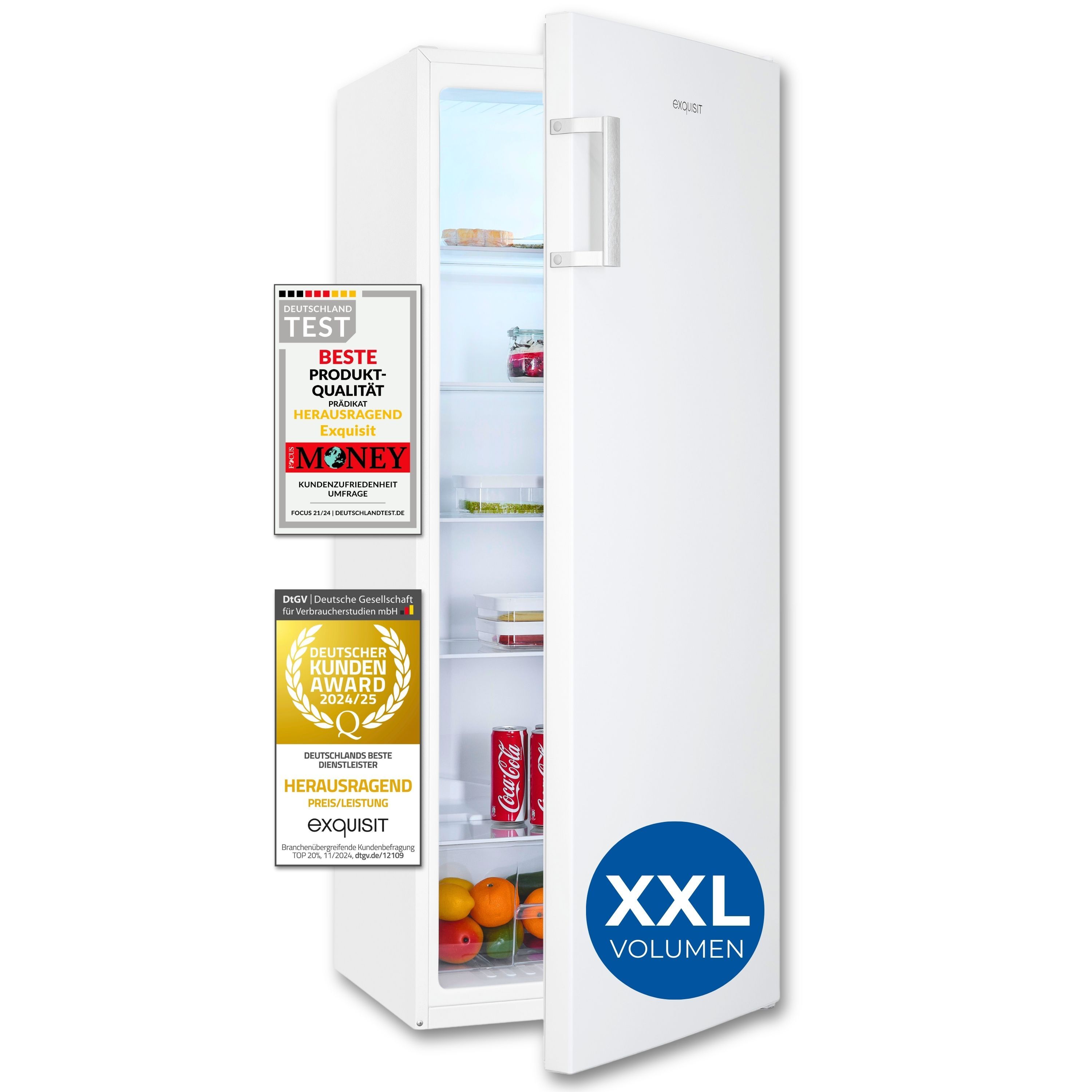 Exquisit Kühlschrank ohne Gefrierfach, 241 Liter, 5 Ablagen, Türanschlag wechselbar, Gemüsefach, Temperaturregelung, Handgriff, KS320-V-H-050D weiss