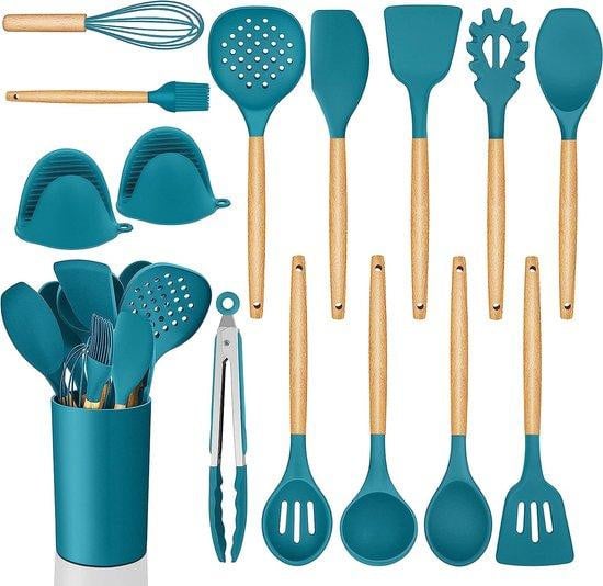 15-delige blauwe siliconen keukenhulp kookset met houten handgrepen en opbergbox