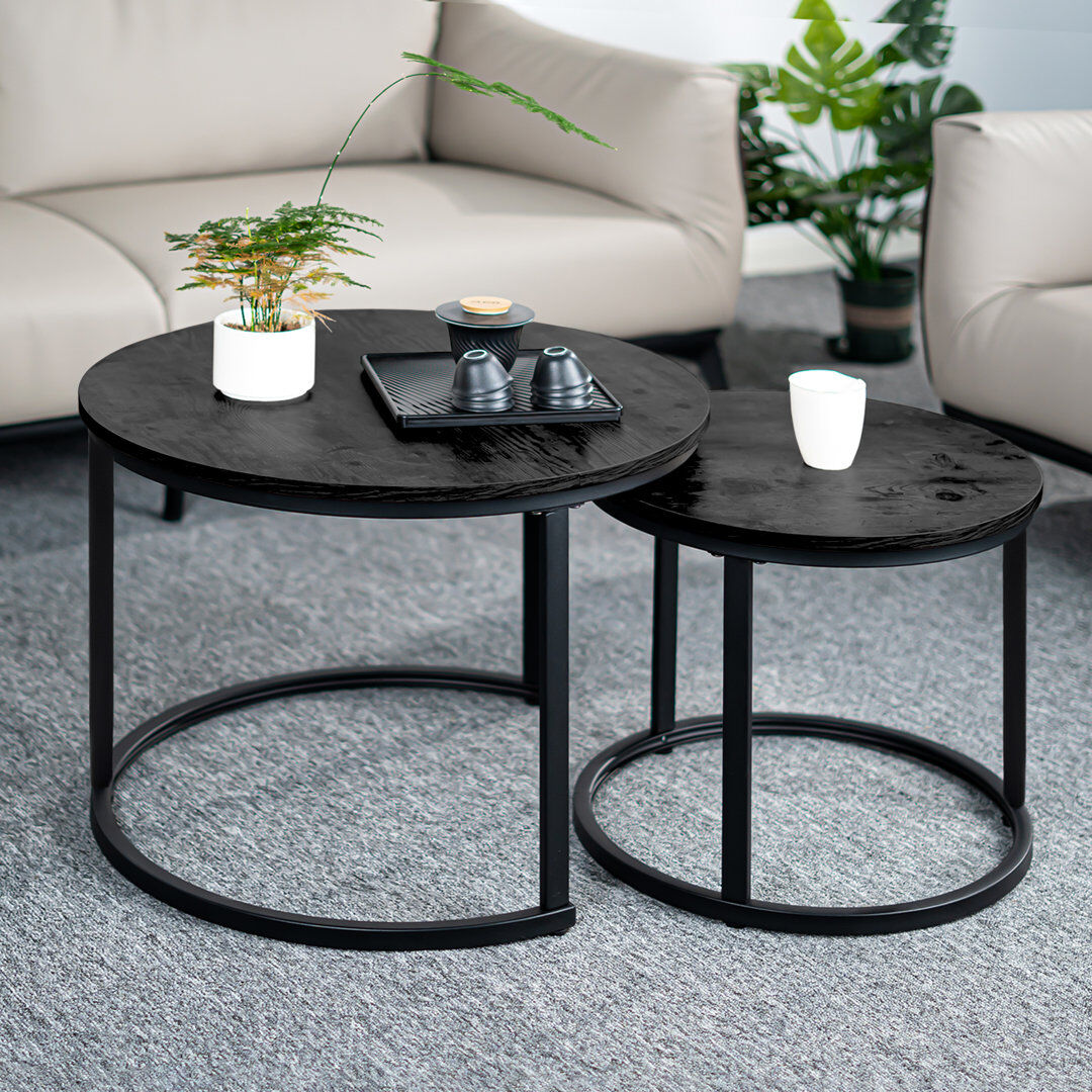 17 Stories 2in1 Round Coffee Table Set Modern Nesting Style End Table Black 45cm H X 105cm W X 60cm D