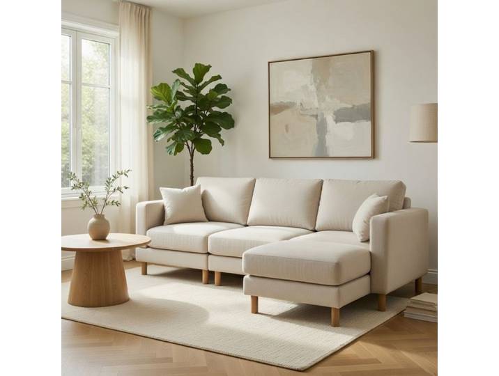 Xylo Canapé angle L 3 places tabouret 235x152x78 cm polyester pieds bois massif salon moderne beige