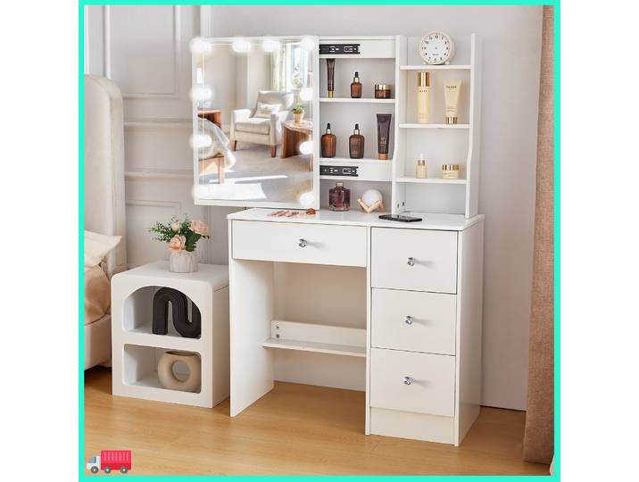Petite table de maquillage avec miroir, lumière LED, coiffeuse à 4 tiroirs