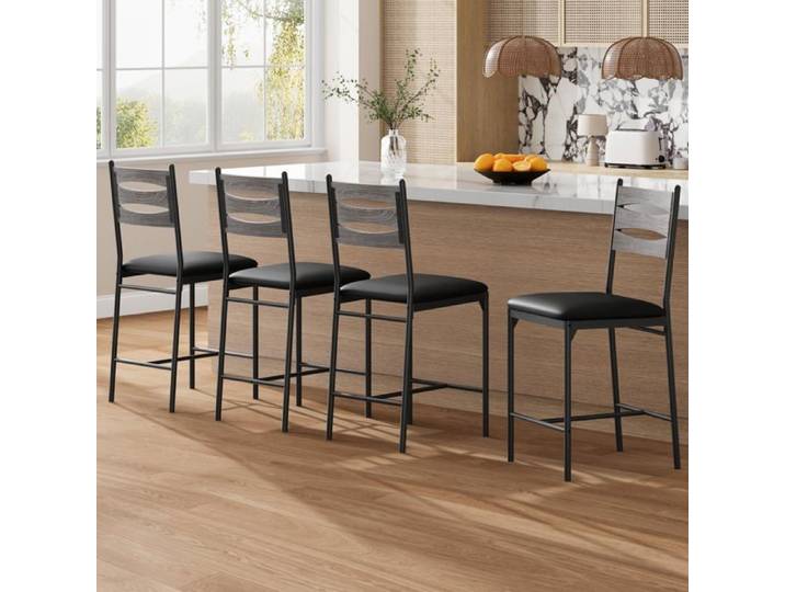 Ensemble 4 tabourets bar confortables gris similicuir dossier bois métal
