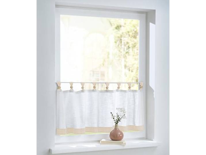 Cottage weiß beige Bistrogardine Scheibengardine Baumwolle Landhausstil Schlaufen Holzkugeln (B 120 x H 50 cm)