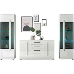 WOHNWAND weiß Hochglanz 3-teilig 290 cm, Anbauwand mit Soft-Close
