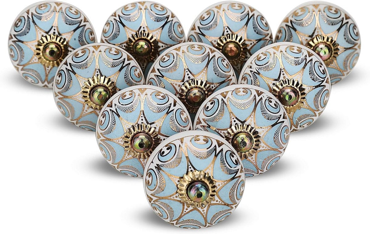 Set van 10 turquoise keramische kastknoppen - Handgeschilderde deurgrepen voor keuken en meubels