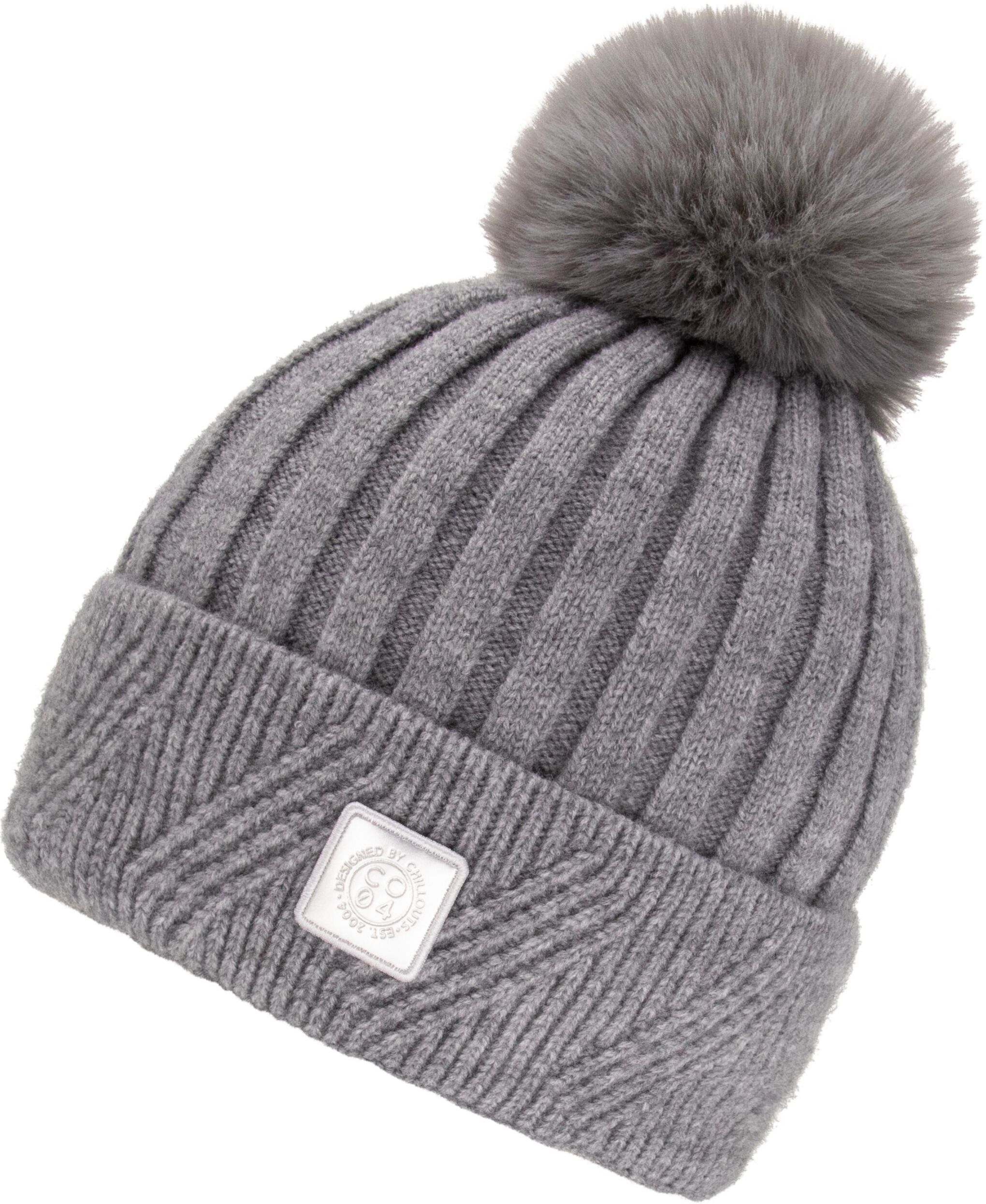 Bommelmütze CHILLOUTS, Damen, grau, Feinstrick, Baumwollmischung, unifarben, Mützen Bommelmütze, elastisch, Formbeständig, gefüttert, mit breitem Umschlag grau Einheitsgröße