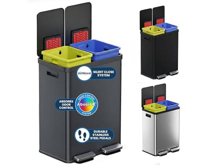 iTouchless 60 Liter Küchenabfalleimer und Recycling-Mülleimer mit zwei Fächern, grauer Edelstahl, Soft-Close, Geruchsfilter, freihändige Pedale, farbcodierte, abnehmbare Eimer, wischfest