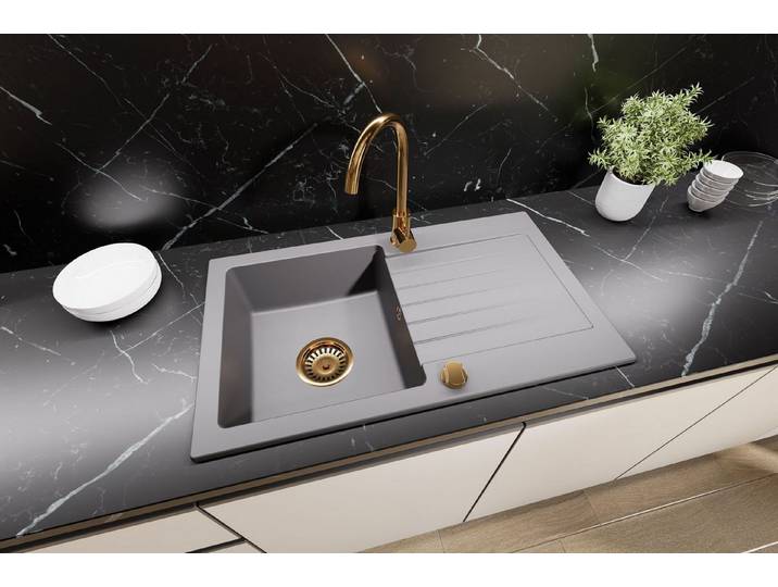 Faizee Möbel Granitspüle Faizee Home Granitspüle Einbau inkl. Siphon-Set Gold, reversibel, Rechteck, 75/43.5 cm
