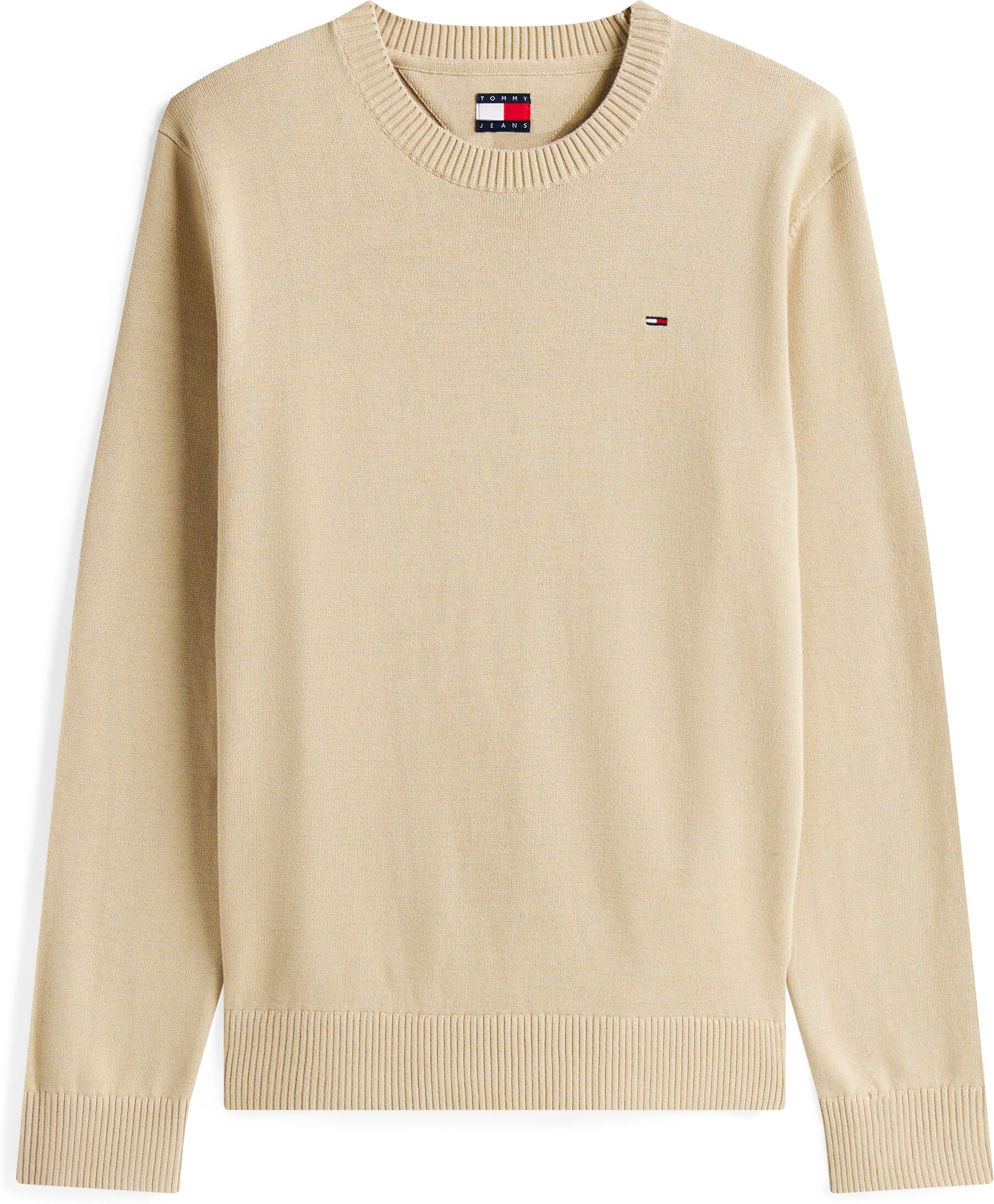 Rundhalspullover TOMMY JEANS "TJM SLIM ESSENTIAL LIGHT SWEATER", Herren, Gr. L, beige (silt), Strick, Obermaterial: 100% Baumwolle, Rundhals, Pullover Rundhalspullover, mit Flag-Patch silt L