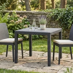 Dmora Gartentisch Agrigento, Quadratischer Gartentisch, feststehender Couchtisch in Rattan-Optik, 100 % Made in Italy, 80x80h72 cm, Anthrazit