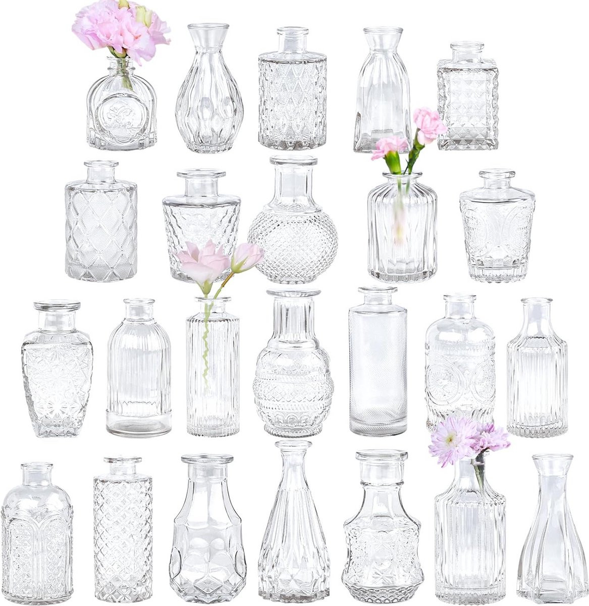 Set van 24 kleine transparante glazen vaasjes voor bloemen en decoratie