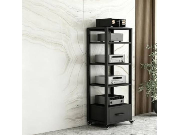 LEUBDIBR Modulares 5-stöckiges Audio-Medienschrank mit Schublade und Rollen Verstellbare Regalböden, fahrbares AV-Rack, Medienspeicher mit Schublade, HIFI-Ständer(Black,A 23.6x15.7x55.1in)
