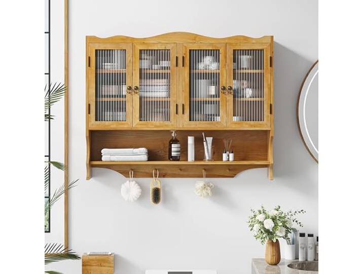 Switdo Nassraum Schrank Natural 90x60cm mit 2 Sliding Door Fronten 4 Türen mit Glasfront und Massivholzrahmen für 100 cm Wandmontage