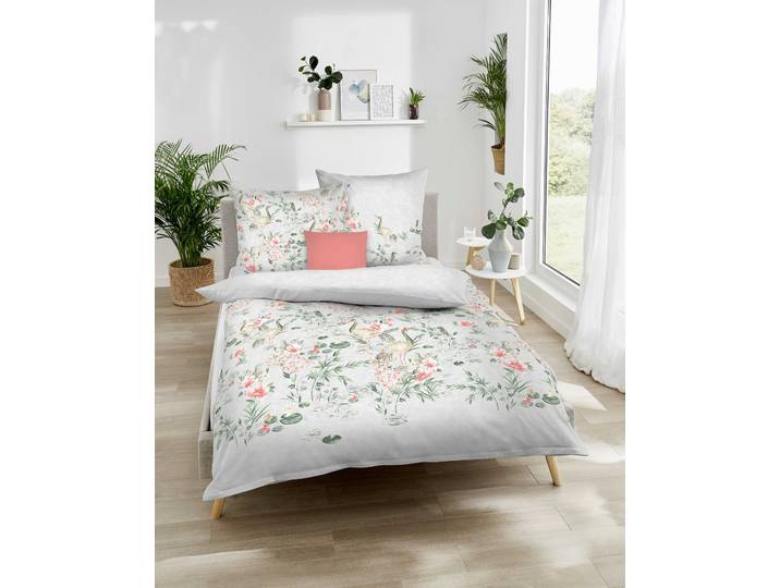 Bettwäsche KAEPPEL Pagode , grau (kiesel), B/L: 155cm x 220cm, 1 Stk., 1 Stk., Mako-Satin, B/L: 80cm x 80cm, 2 Stk., Mako-Satin, Obermaterial: 100% Baumwolle, Bettwäsche, Bettwäsche, Mit Blumen