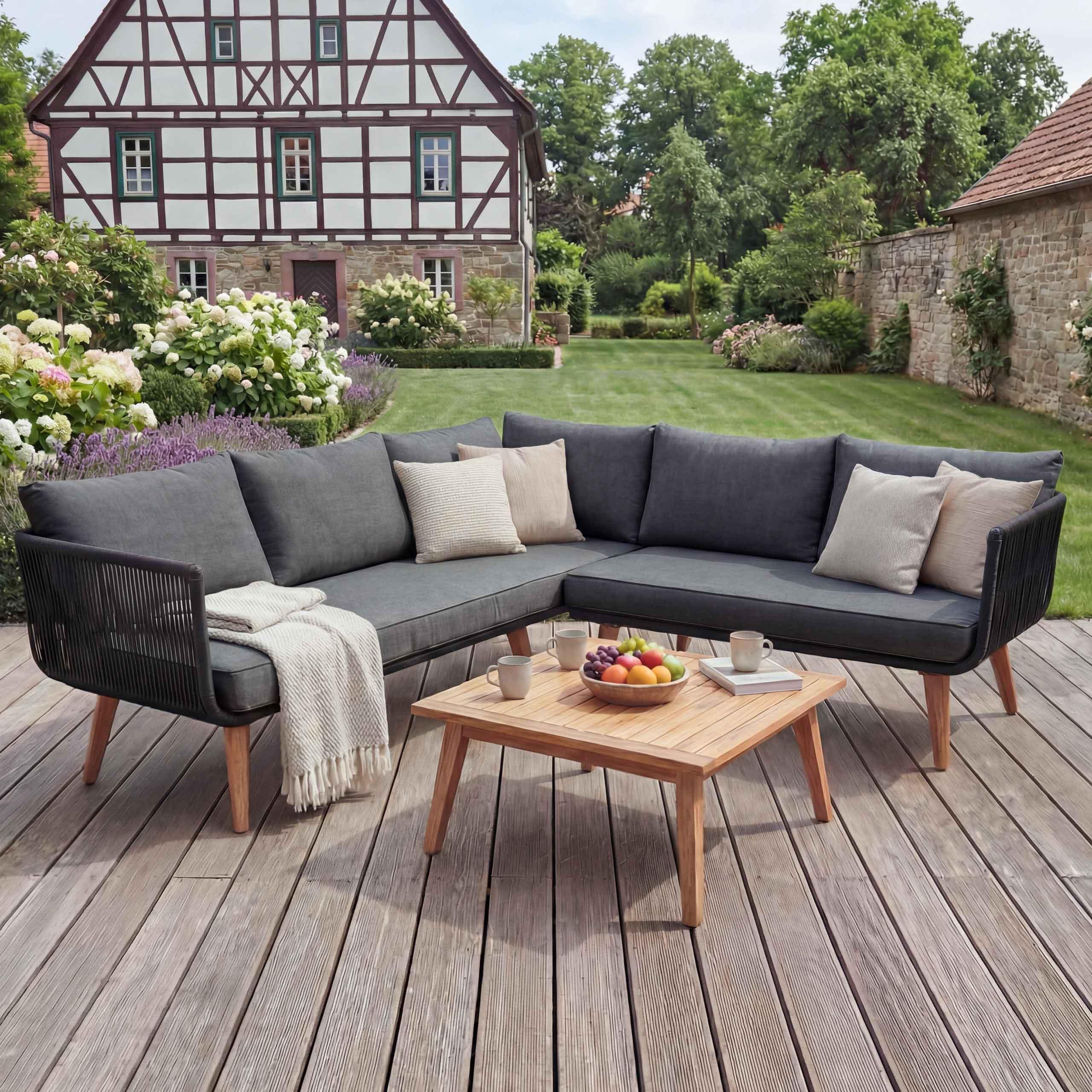 Garten-Garnitur MCW-L30, Garnitur Sitzgruppe Lounge-Set Sofa, Akazie Holz MVG- Polster dunkelgrau
