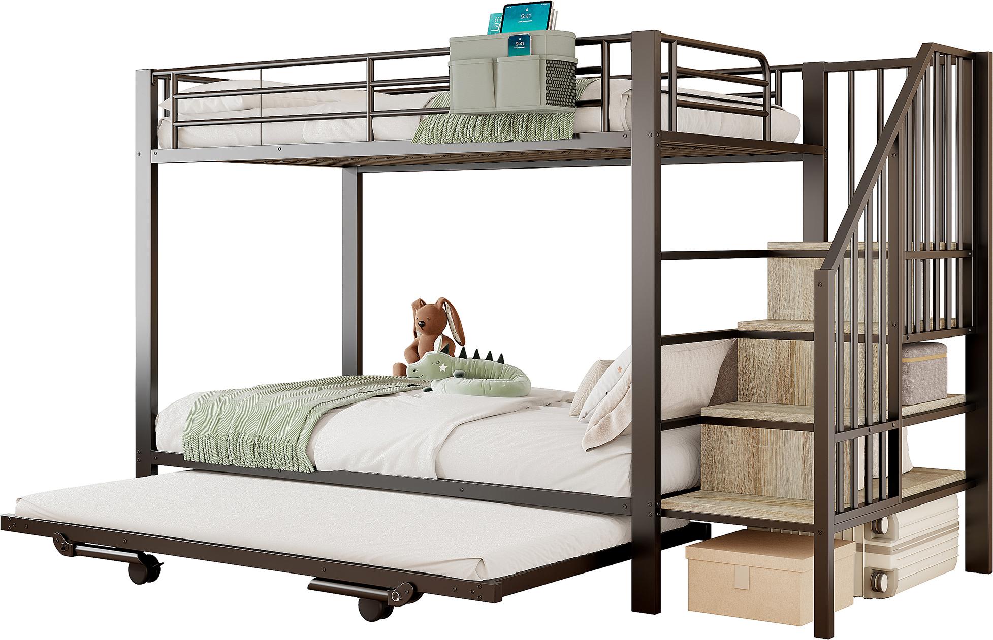 Etagenbett, 90x200cm/180x200cm, untere Liegefläche erweiterbar, Treppe mit Regal, Kinderbett mit Rausfallschutz, Metallbett