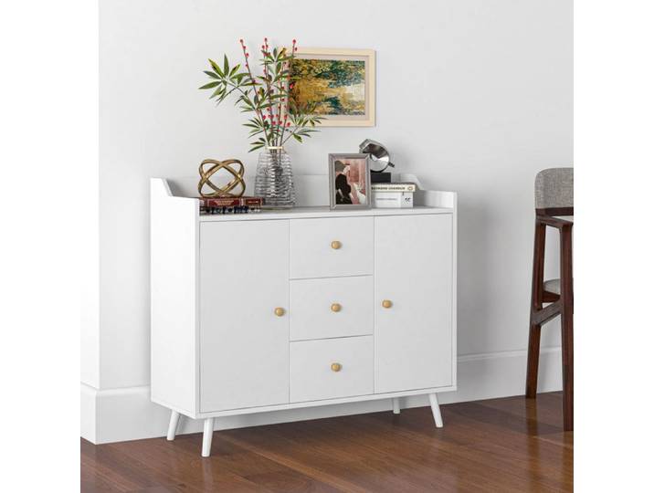Buffet - Buffet moderne salon/cuisine - Blanc - 2 portes 3 tiroirs - Pieds en pin