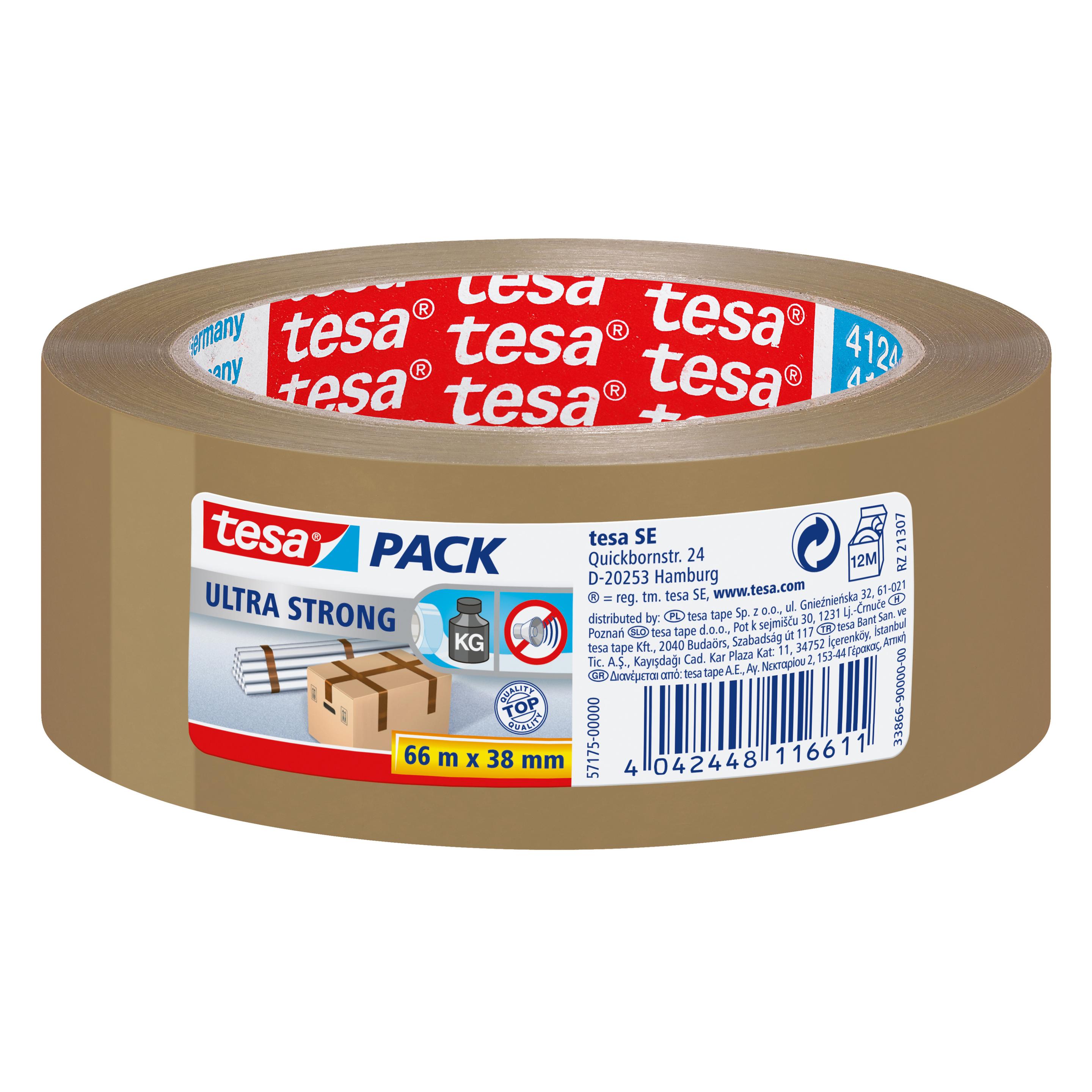 tesa tesapack ULTRA STRONG Paketklebeband - PVC Packband für festes Verpacken und sicheres Bündeln (38 mm) (57175-00000-02)