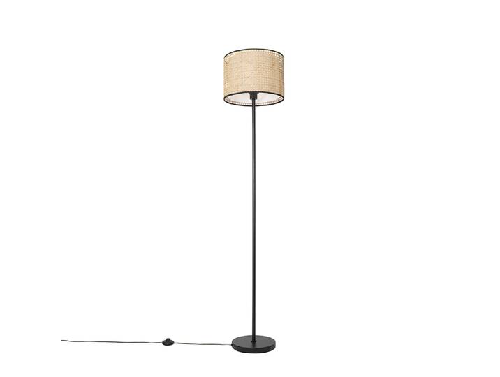 Lampadaire rustique noir avec abat-jour en rotin - Kata