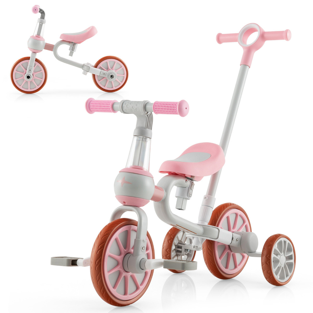 Costway Kinderfiets 4-in-1 Driewieler en Loopfiets met Verstelbare Duwbeugel en Zithoogte, Roze, H x B x D: 101 x 37 x 72 cm