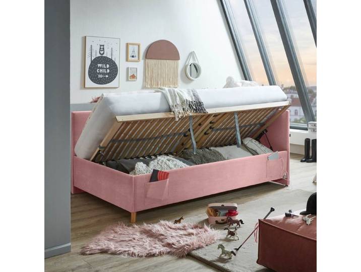 Polsterliege Pauka Komfort Cord mit Lattenrost und Bettkasten Kunstfaser H:90cm/B:130cm/T:210cm Rosa skandinavisch