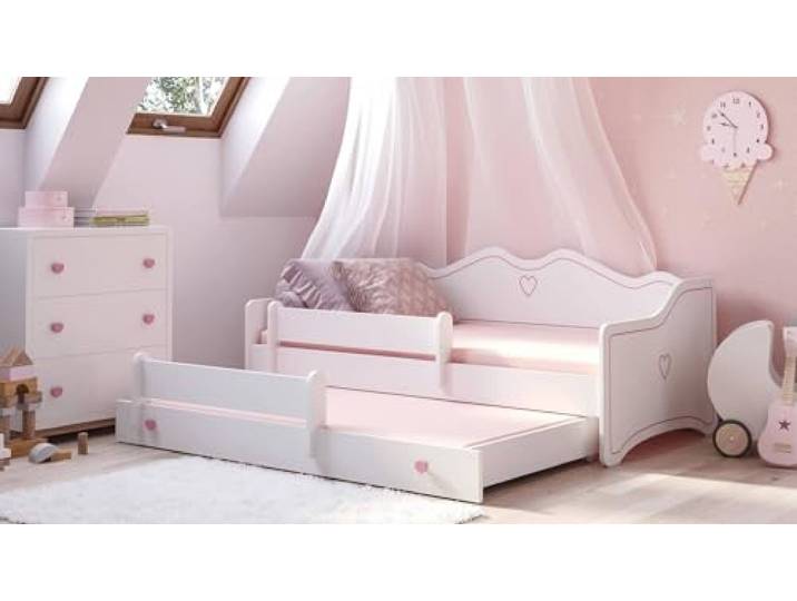 Dmora - Einzelbett Elblag, Struktur des Lagerbetts, Sommier mit Abdeckung, Bettrahmen aus Stoff, 164x88 h70 cm, Weiß und Rosa