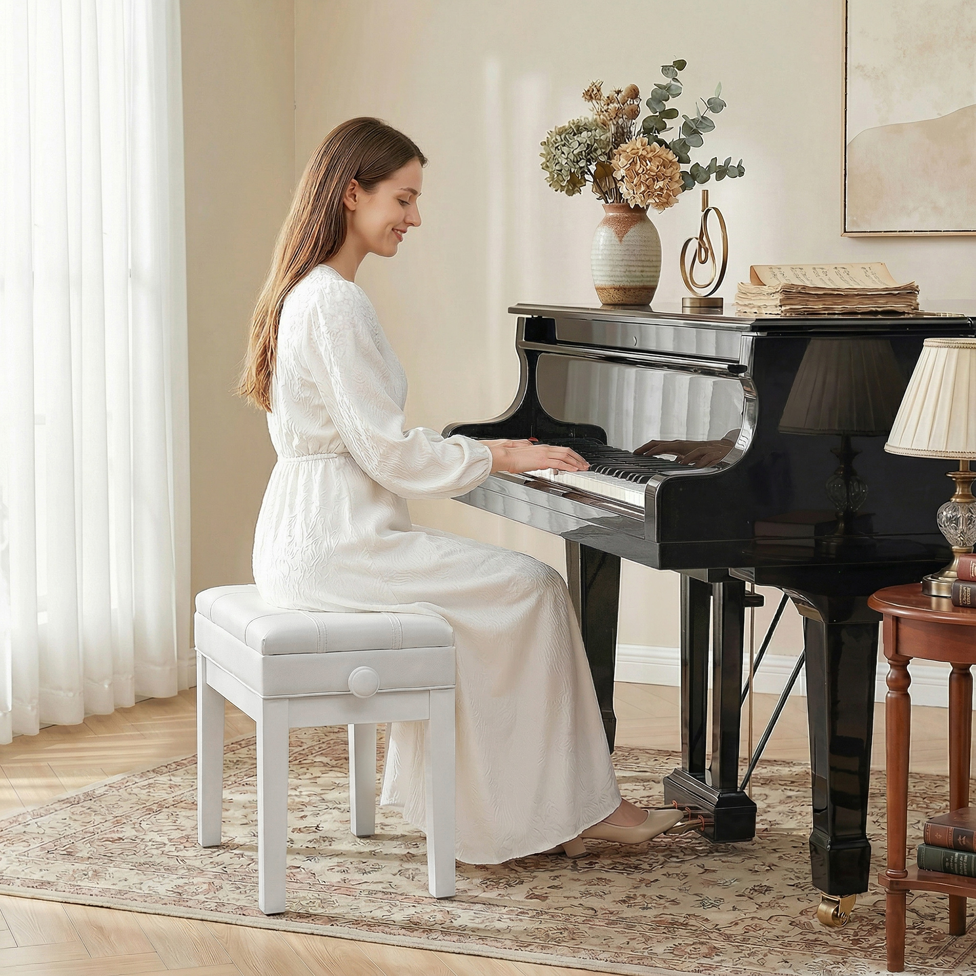 Homcom Panca sgabello seduta per pianoforte vano integrato altezza regolabile legno hévéa seduta rivestimento sintetico bianco   Aosom Italy