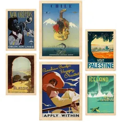 POSTER Set Mit 6 Land Und Städte Vollfarbige Illustrationen Von Vintage Tourismus Werbetafeln Aus Der Ganzen Welt A3 & A4 Rahmen Aus Hellem Holz