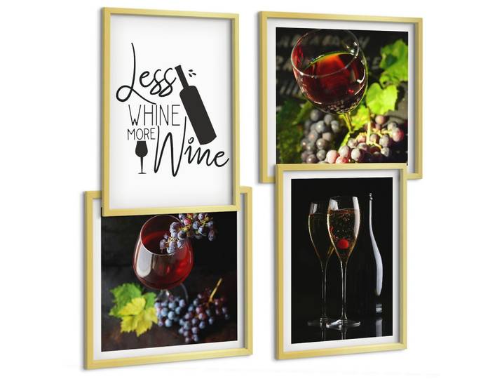 BILDER SET 4er Set - 50x50 cm & 40x60 cm Goldrahmen - Weingläser mit Trauben und Inschrift