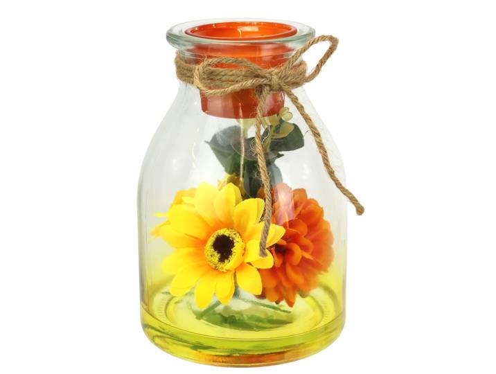 Teelichthalter I.GE.A. Teelichthalter aus Glas mit Teelichtkerze , orange, B:12cm H:18cm, Glas, Kerzenhalter, Teelichthalter, Herbstlich dekoriert mit Sonnenblume Dahlie Eukalyptus Kerze Windlicht